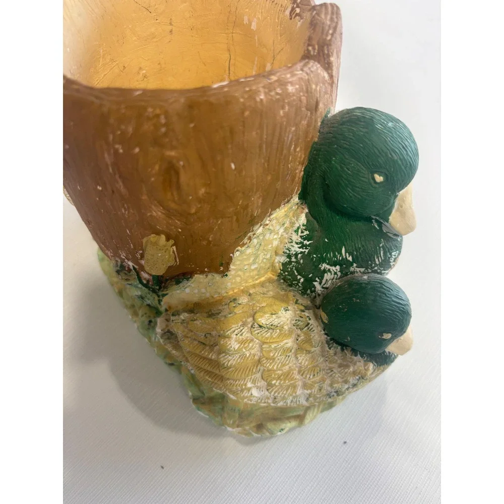 Mallard‎ Duck Tree Stump Planter Pencil Holder Rustic Cabin Decor 7 Inch
